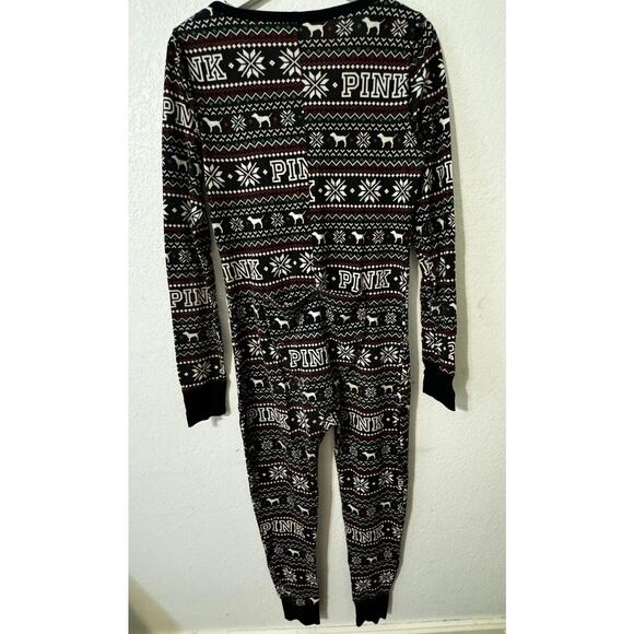 PINK Women's One Piece Long John Style Pajama Winter Holiday Print Size L - Picture 2 of 7